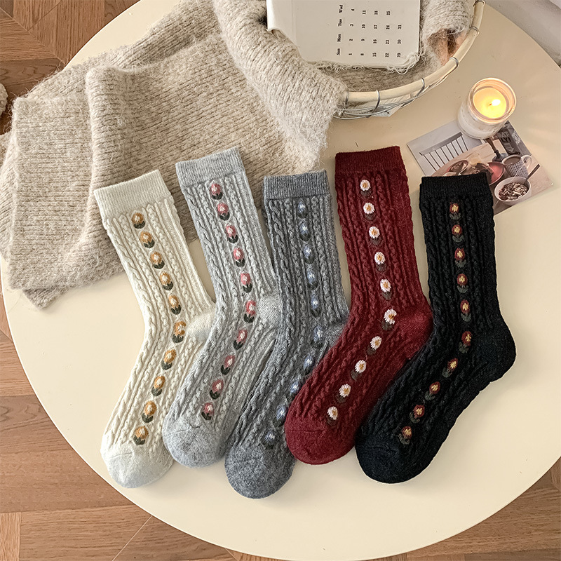 Korean Sweet Floral Wool Mid-C - Boot Sock Slouchy 评论和价格