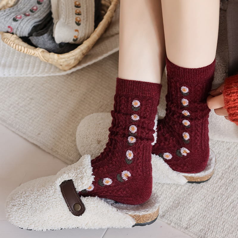 Korean Sweet Floral Wool Mid-C - Boot Sock Slouchy 评论和价格